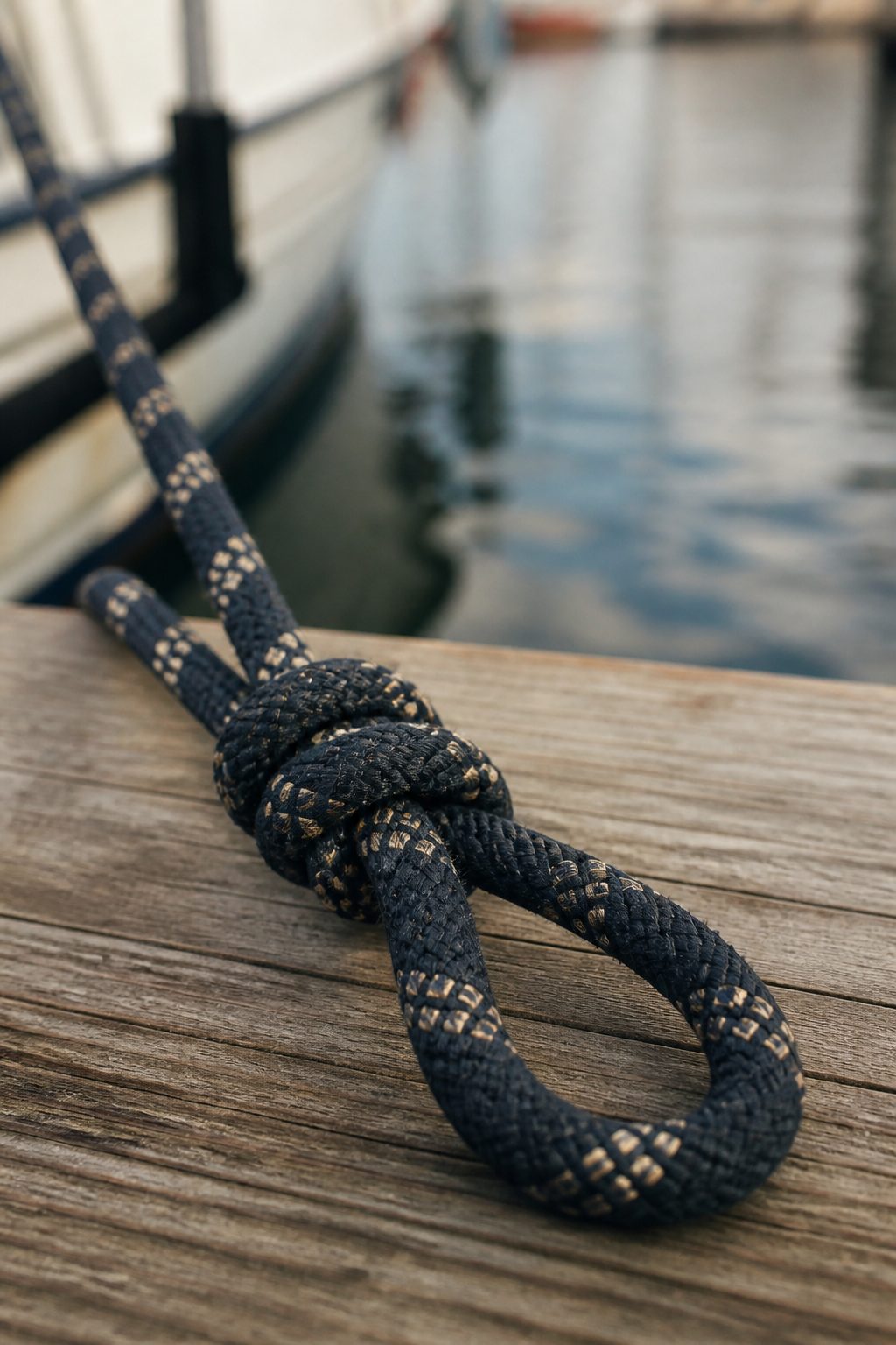 A bowline knot forming a fixed loop at the end of a mooring line