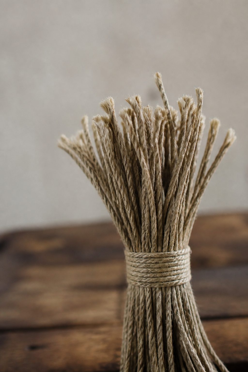 A bundle of loose rope ends bound tightly with cord