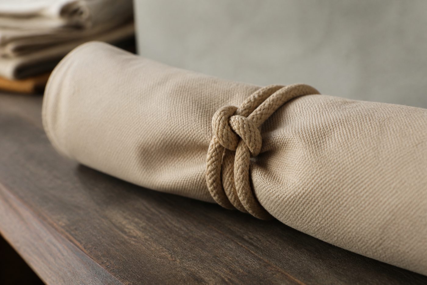 A constrictor knot cinched tightly around a rolled canvas bundle