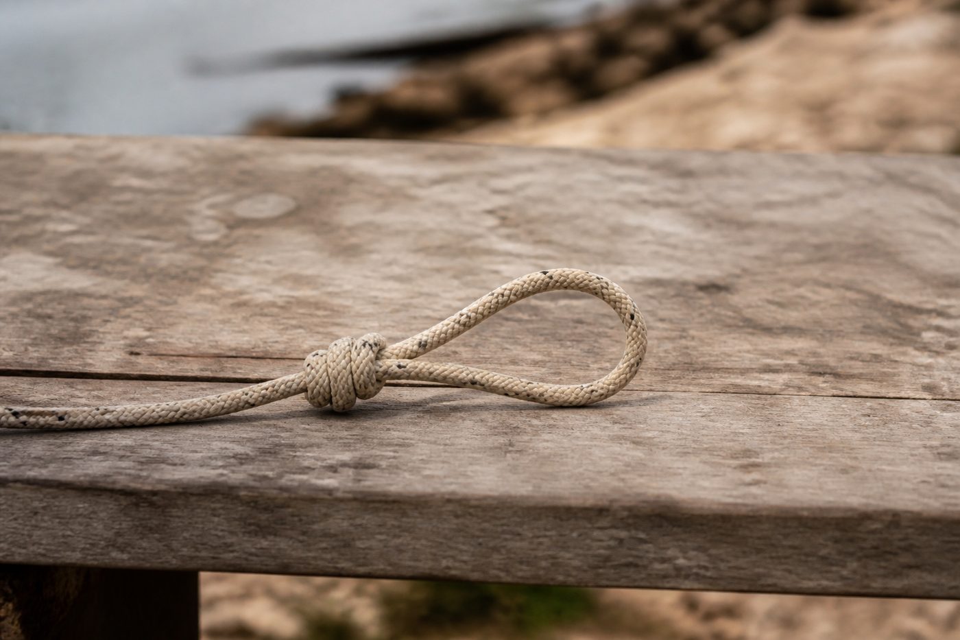 A fixed loop tied at the end of a rope lying on a wooden bench