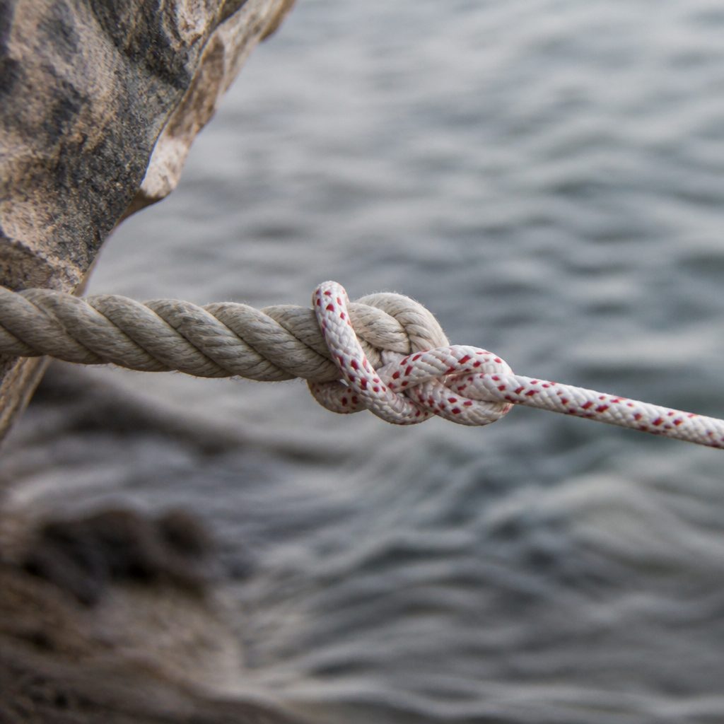 A sheet bend joining a thick rope to a thinner line